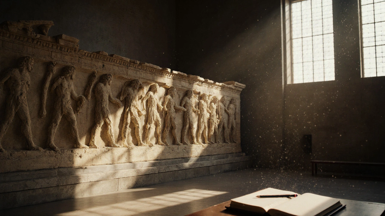 Sunlit Parthenon frieze in an empty gallery, dust motes floating, a sketchbook open on a bench.