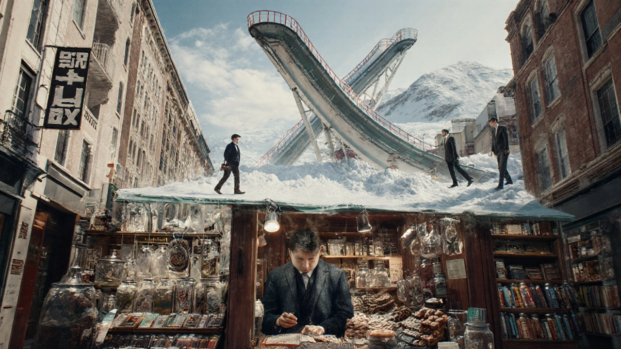 Surreal fusion of global shopping scenes layered over a London street with artisan craftsmanship at center.