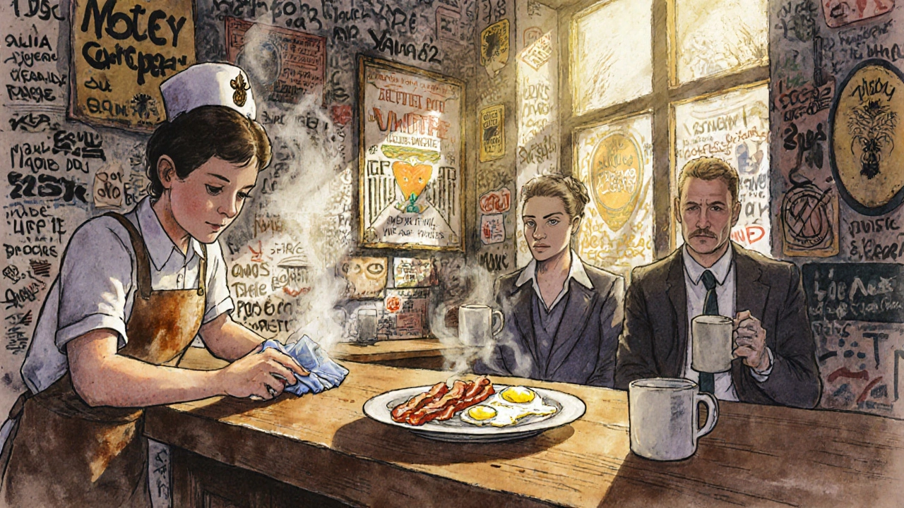 The Eagle pub at dawn, with steaming breakfast, graffiti-covered walls, and two weary patrons sitting quietly at the counter.