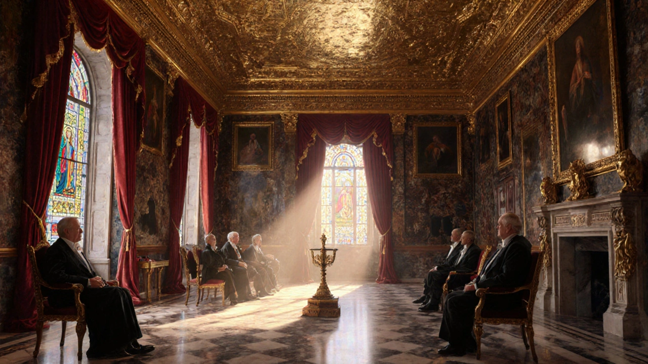 The opulent House of Lords chamber glows with gold leaf ceilings and crimson velvet seats.