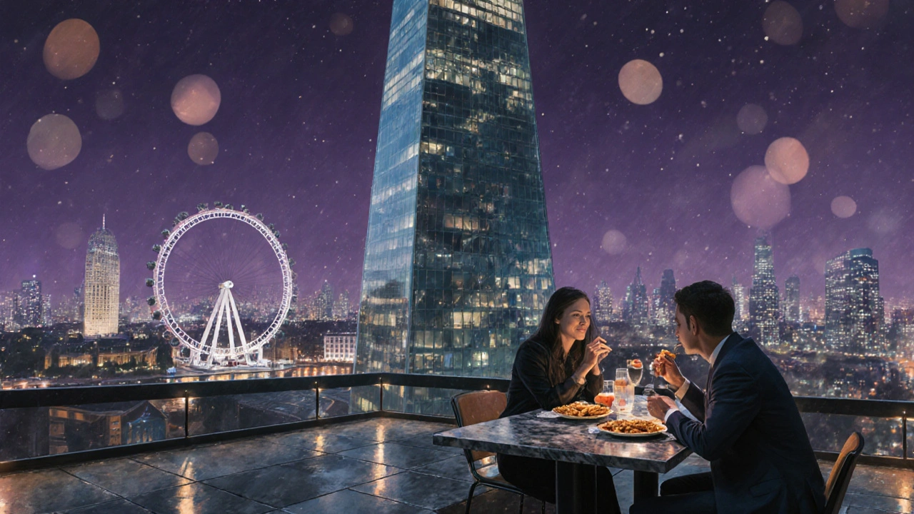 The Shard&#039;s Skybar at night, couple enjoying drinks with the London Eye visible below.