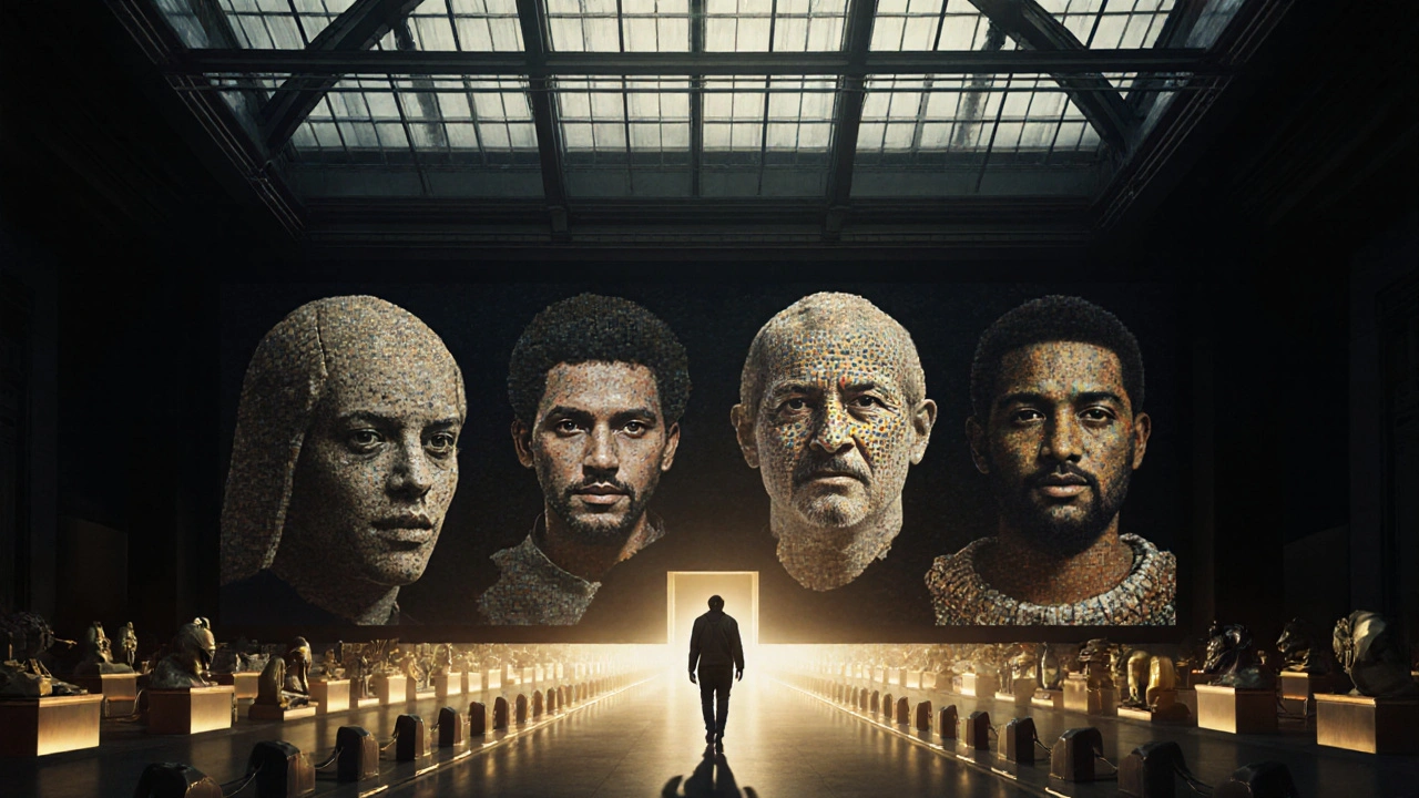 Translucent glass roof above faces made of ancient artifacts, a lone visitor walking below in a symbolic journey of heritage.