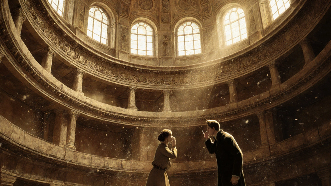 Two people whispering across the Whispering Gallery inside St. Paul’s Cathedral, surrounded by stone curves and warm light.