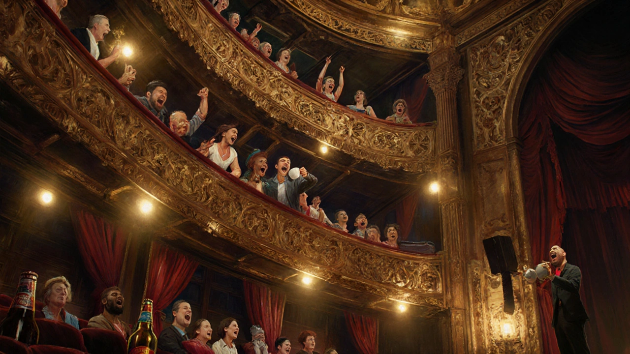 Vibrant audience laughing in a grand Victorian theatre during a comedy festival.