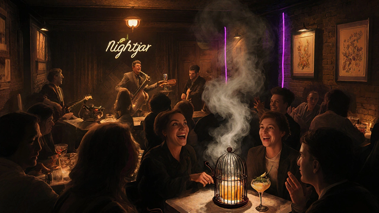 Vibrant basement bar with jazz musicians and cocktails served in unique glassware.