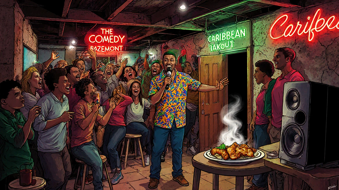 Vibrant basement comedy show in Brixton with a lively crowd and Caribbean takeout lights glowing nearby.