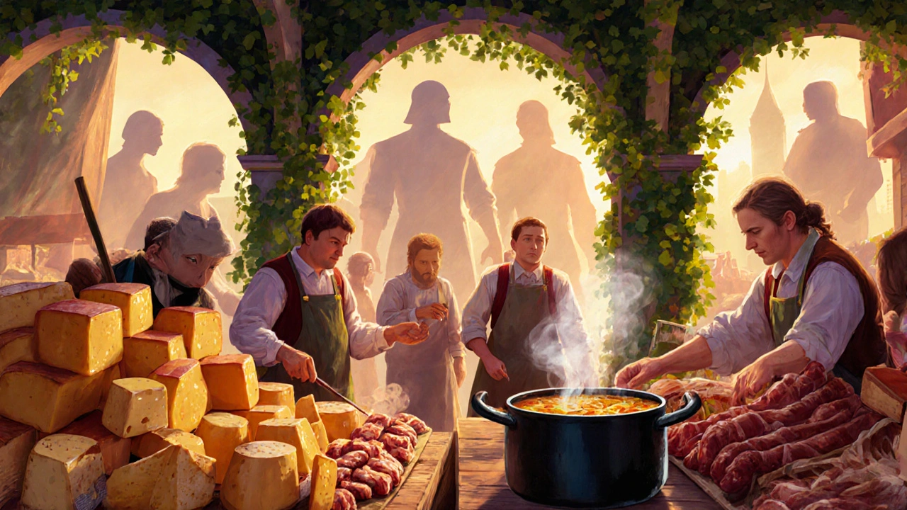 Vibrant Borough Market at dawn with fresh food stalls and historical echoes of medieval traders.