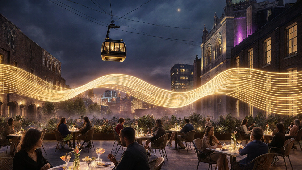 Vibrant rooftop terrace at The Standard with neon-lit cityscape and a cable car gliding overhead at night.