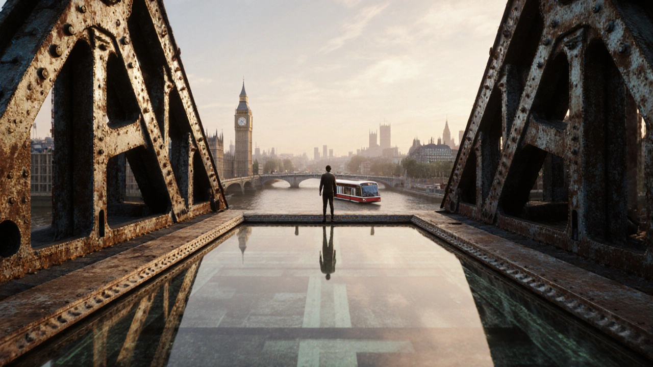 View from below the high-level walkway showing rising bascules and a river bus passing through.