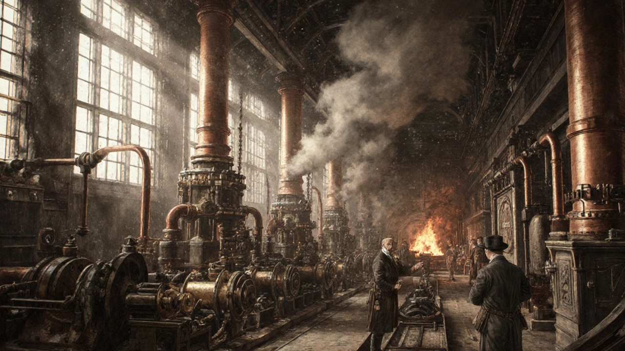 Vintage illustration of Tower Bridge&#039;s original steam-powered hydraulic engine room.