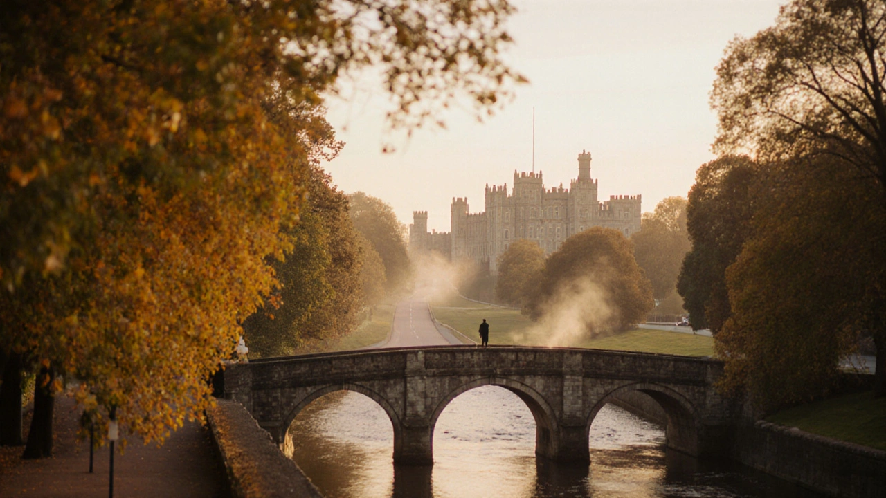 Windsor Castle at sunset, framed by golden autumn trees along the Long Walk.