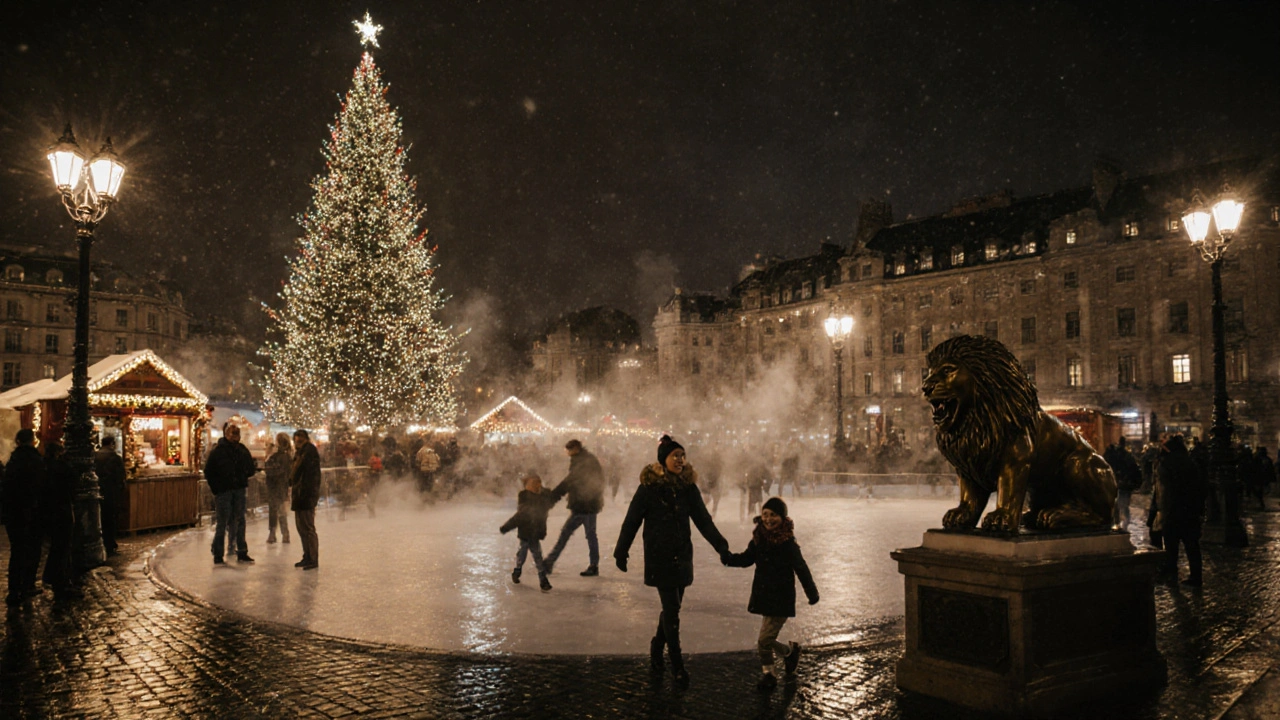 Winter night in Trafalgar Square with illuminated Christmas tree, ice rink, and glowing stalls under streetlamps.