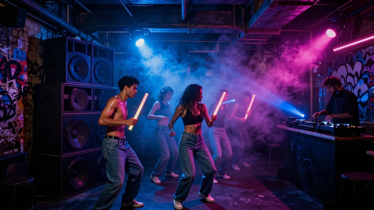 1990s underground club with neon lights, smoke, and dancers in glow sticks.