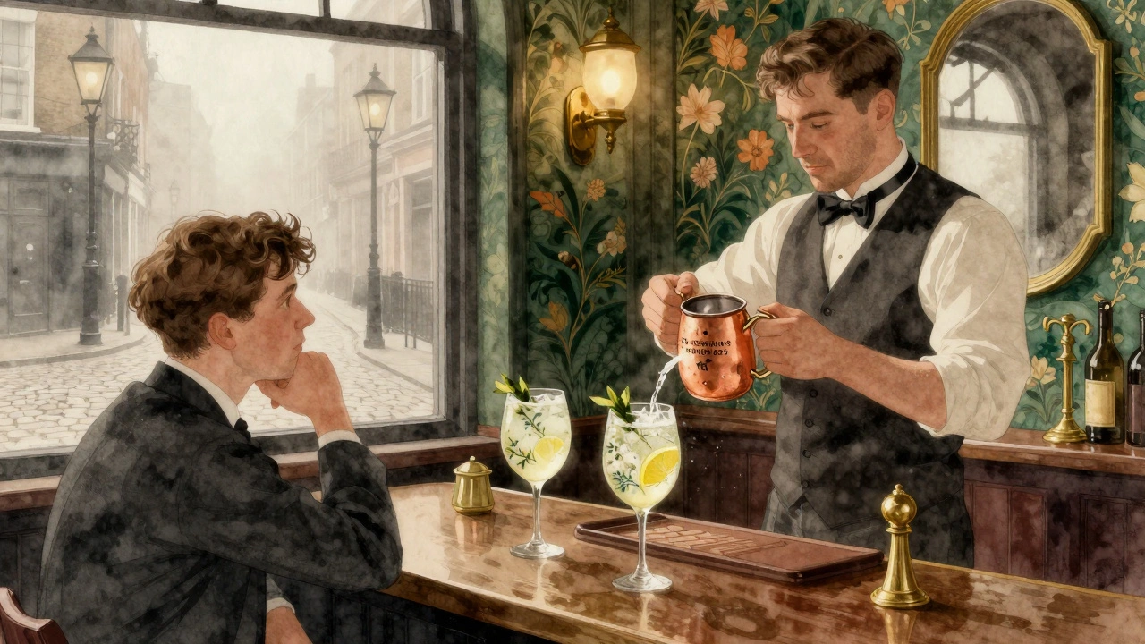 A 1920s-style London pub with floral walls, a bartender pouring a gin cocktail into a copper mug.