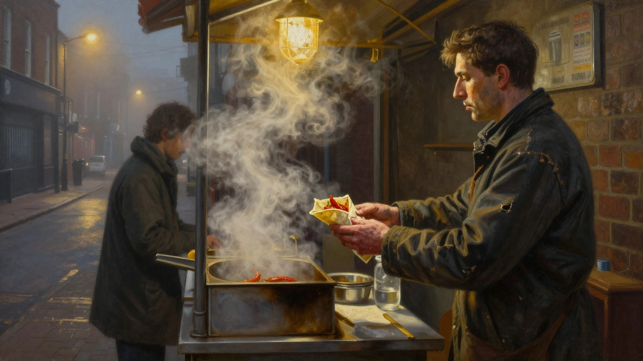 A 3 a.m. kebab shop in Brick Lane where a tired patron receives food from a quiet shopkeeper.