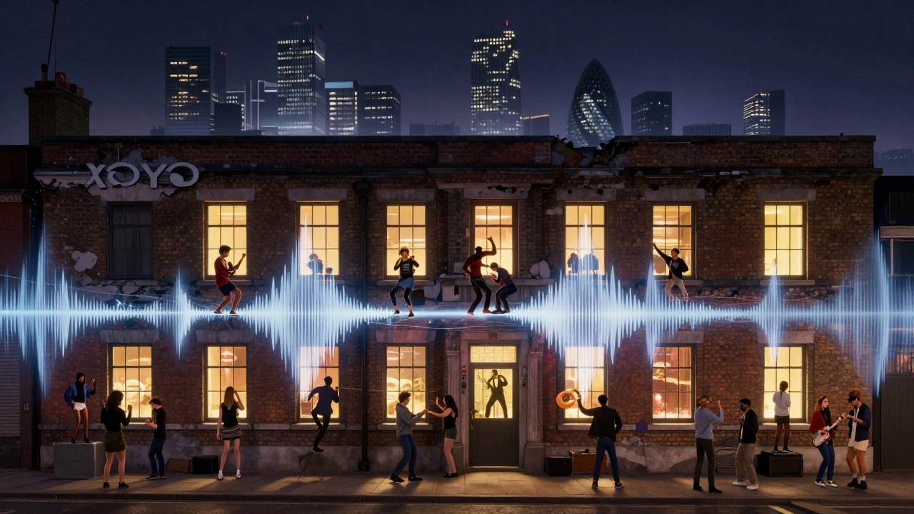 A brick building radiating sound waves filled with diverse Londoners, symbolizing XOYO as the authentic heart of the city's music scene.