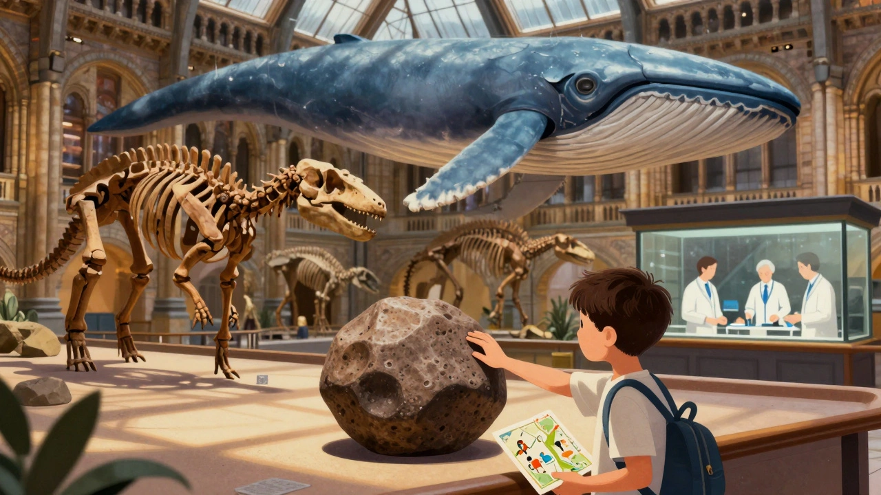 A child touching a meteorite under a giant blue whale skeleton in the Natural History Museum.