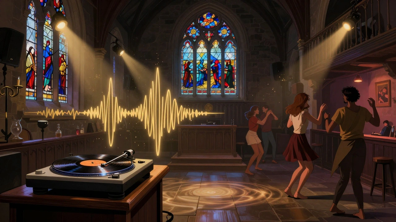 A converted chapel with vinyl records spinning, golden sound waves filling the space as dancers move under soft lights.