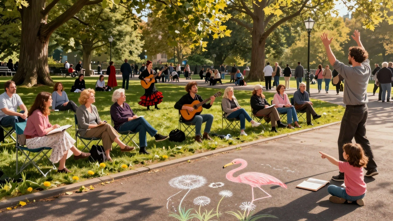 A diverse crowd enjoys live music and chalk art in Hyde Park on a sunny Saturday afternoon.