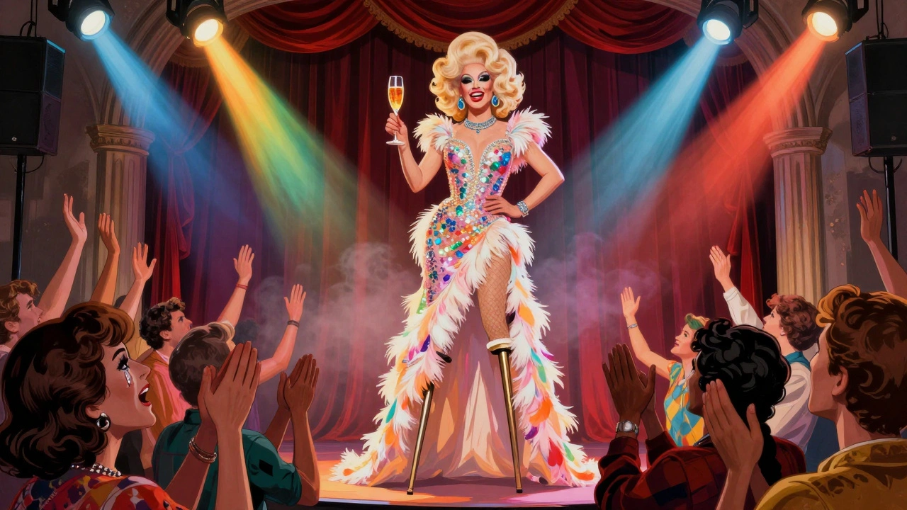 A drag queen on stilts performing on stage at Heaven, audience raising arms in celebration under rainbow spotlights.