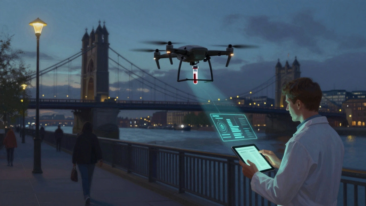 A drone flies over Blackfriars Bridge delivering a medical sample while smart streetlights dim in response to movement.