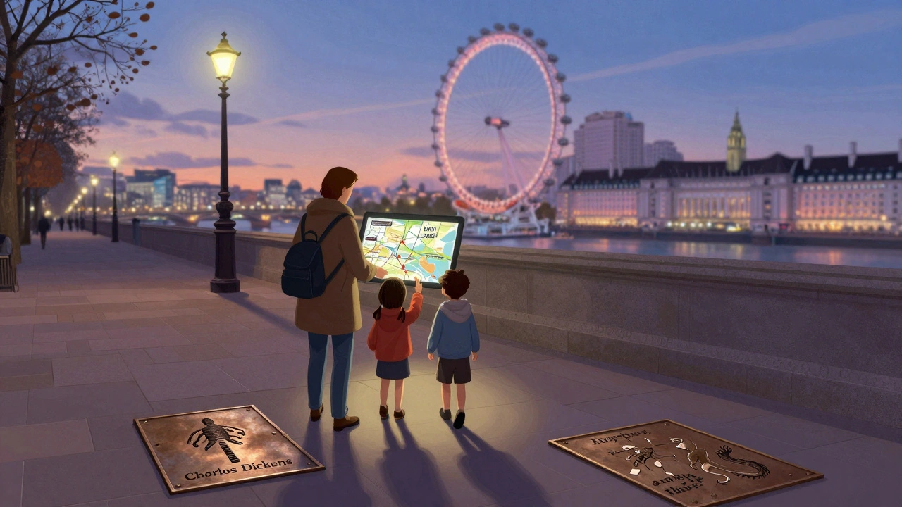 A family exploring bronze story plaques along the South Bank at dusk.