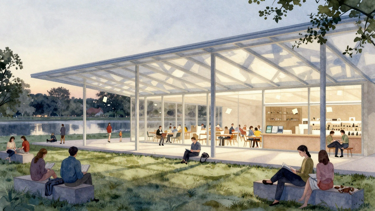 A floating architectural pavilion casts delicate shadows over grassy lawns at dusk in Hyde Park.