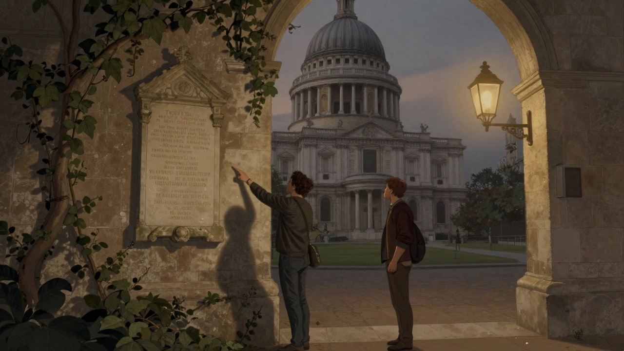 A guide points to a hidden stone marker in a quiet courtyard behind St. Paul’s.