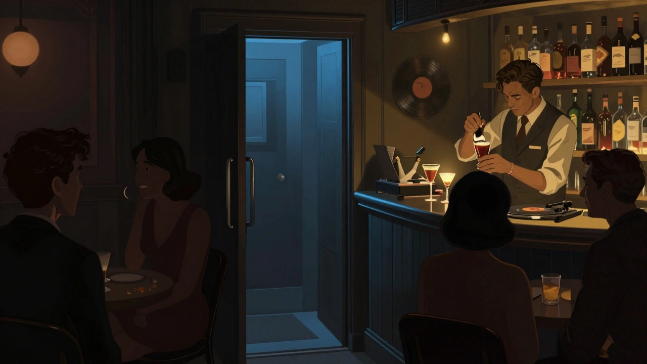 A hidden speakeasy in Shoreditch with a bartender mixing cocktails, soft blue and gold lighting, jazz records playing.