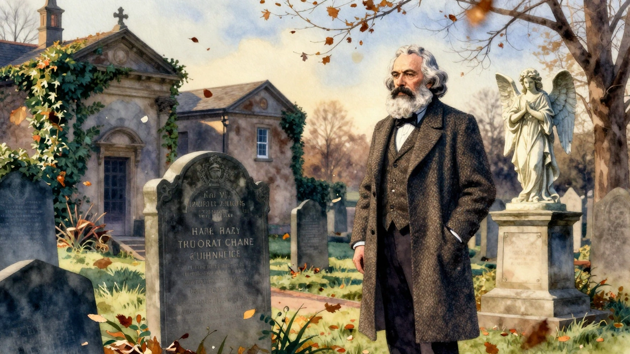 A historian stands beside Karl Marx&#039;s grave in Highgate Cemetery at sunset, surrounded by ornate Victorian tombs and falling leaves.