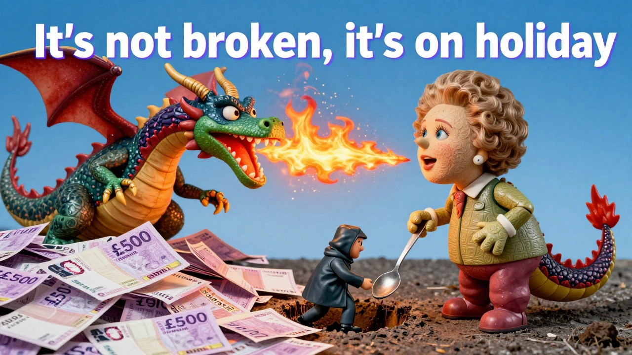 A puppet of Margaret Thatcher as a dragon breathing fire over bureaucratic paperwork.