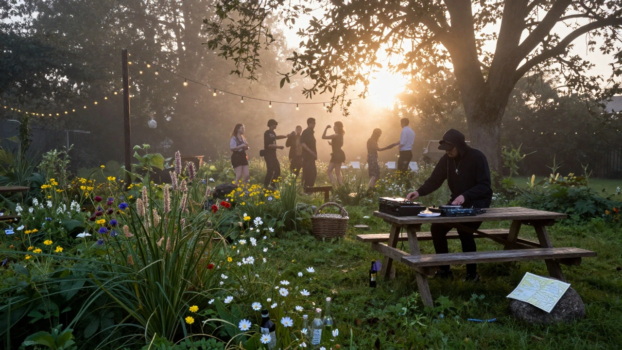 A secret garden party at dawn, DJs and dancers silhouetted among fog and fairy lights, flyers scattered on the grass.