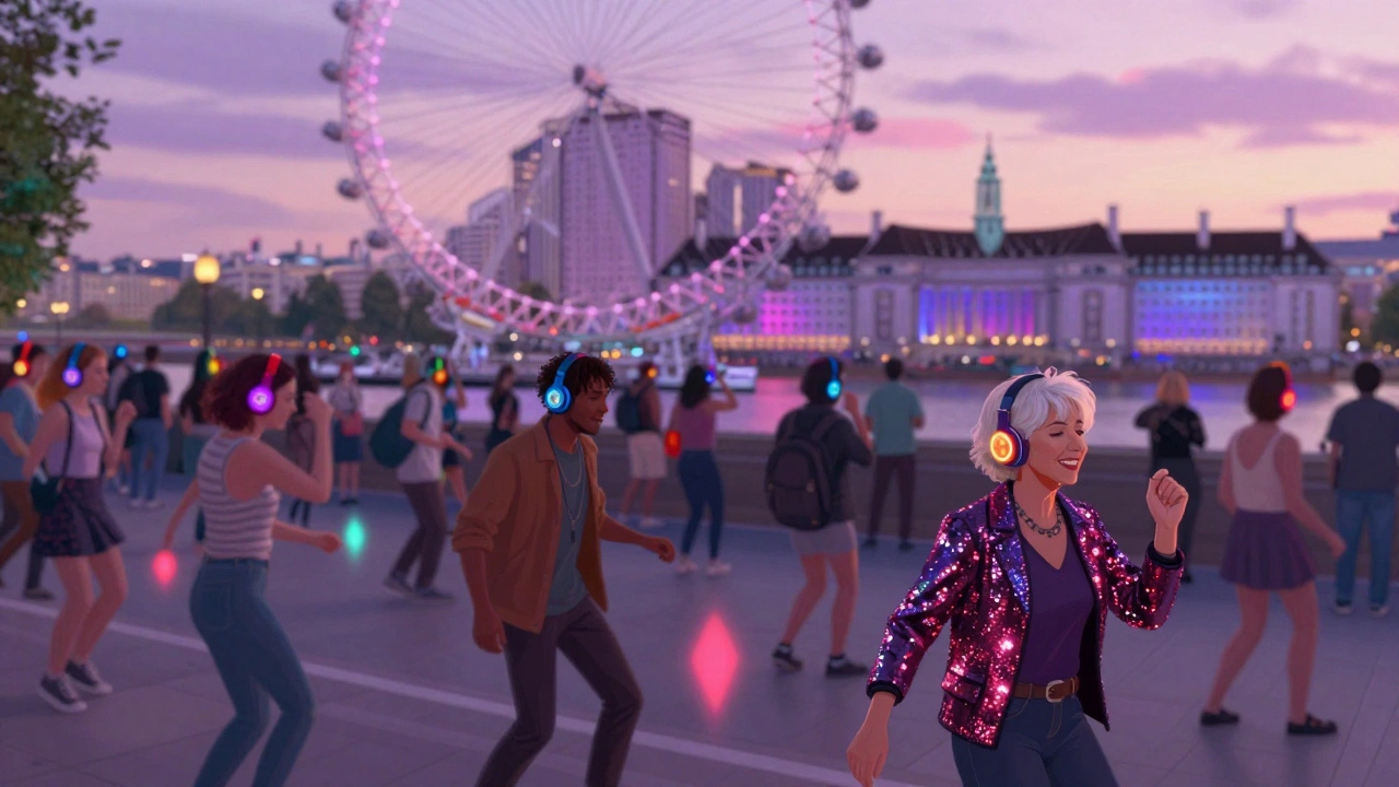 A silent disco on the London Eye steps with diverse crowds dancing in headphones under a pink twilight sky.