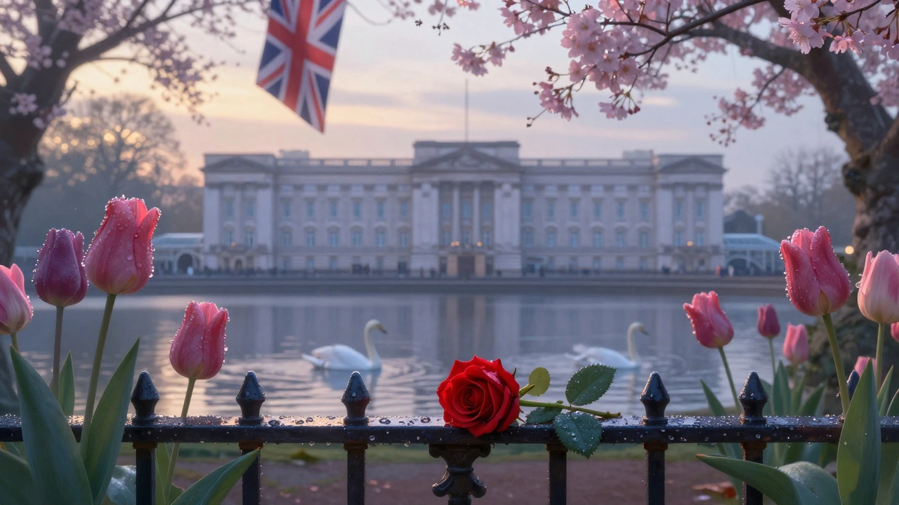 A single red rose on the palace gate surrounded by blooming tulips and swans on the lake at dawn.