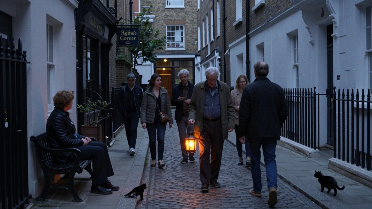 A small group on a literary walking tour at dusk, following a lantern-lit path through London's alleys.