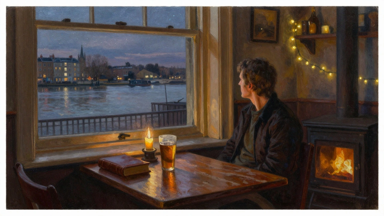 A solitary drinker in a quiet pub back room by the river, reflecting after a pub crawl.