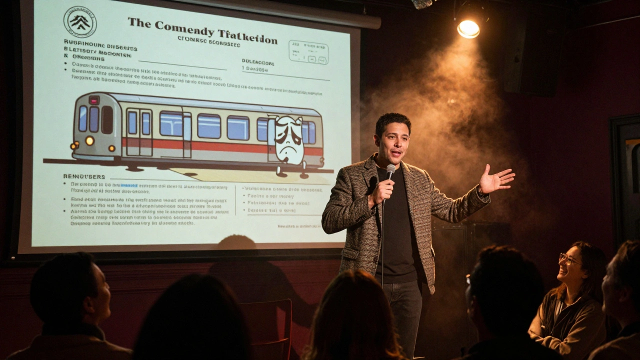 A stand-up comedian performing under a spotlight at a crowded London comedy club.