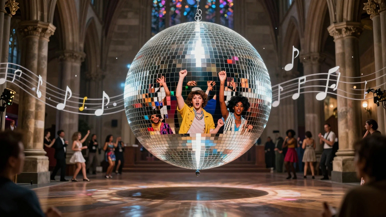 A surreal disco ball reflecting moments of LGBTQ+ history, blending music, light, and community into a glowing archive of belonging.
