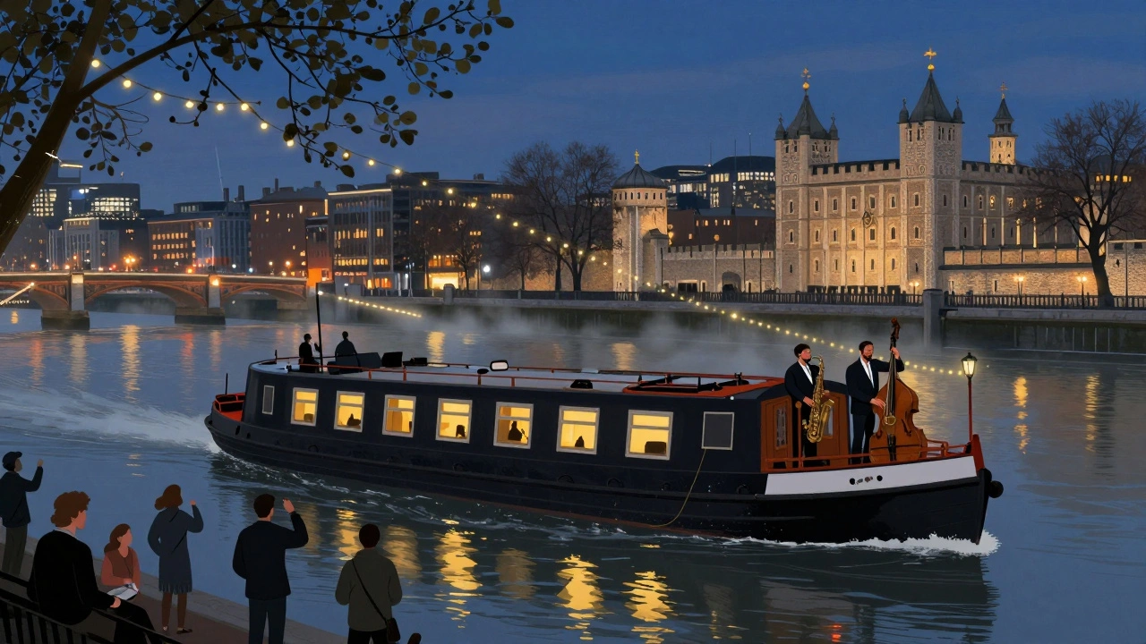 A vintage Thames barge at night with live musicians and a diverse crowd dancing under fairy lights as the Tower of London glows in the distance.