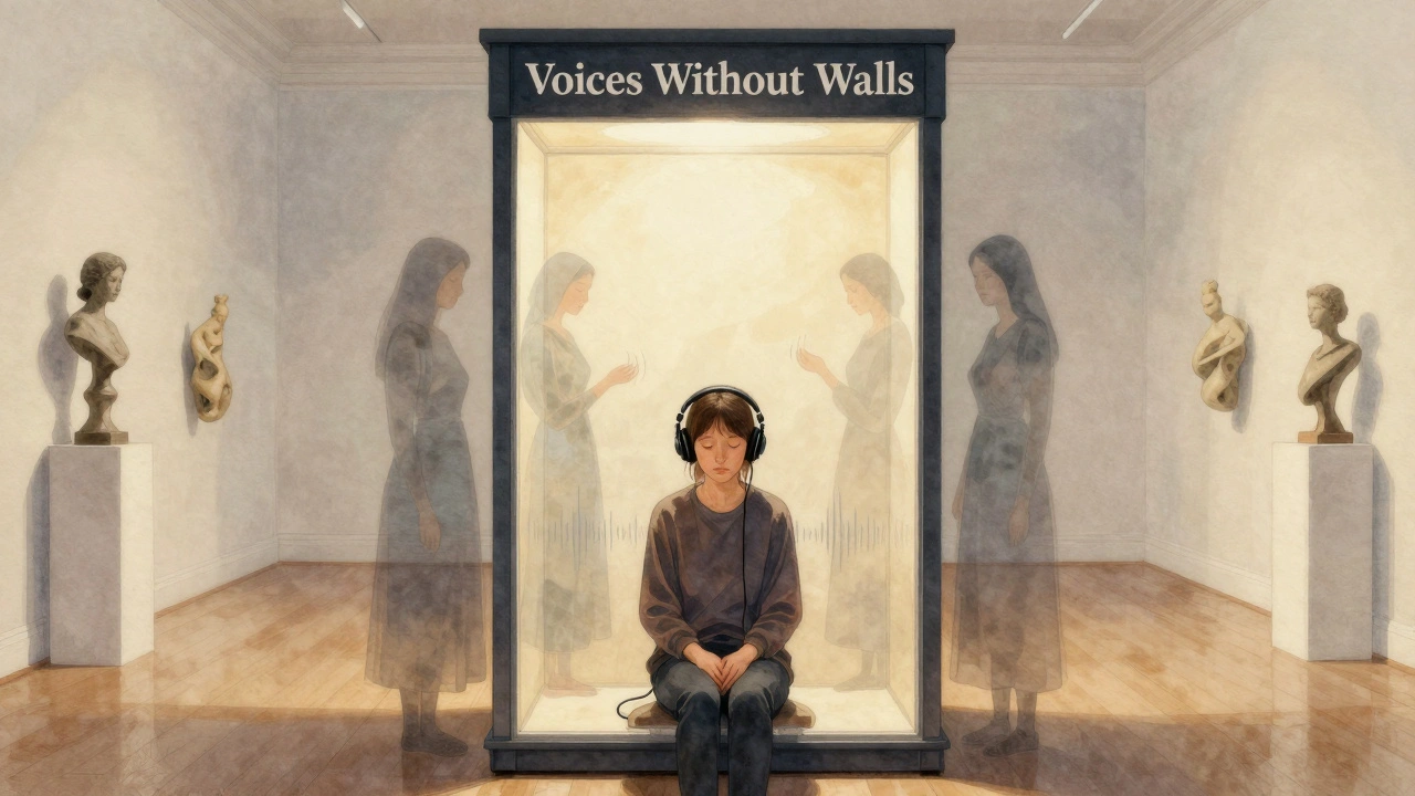 A visitor listening to migrant women&#039;s audio stories in a quiet gallery booth with ghostly figures nearby.