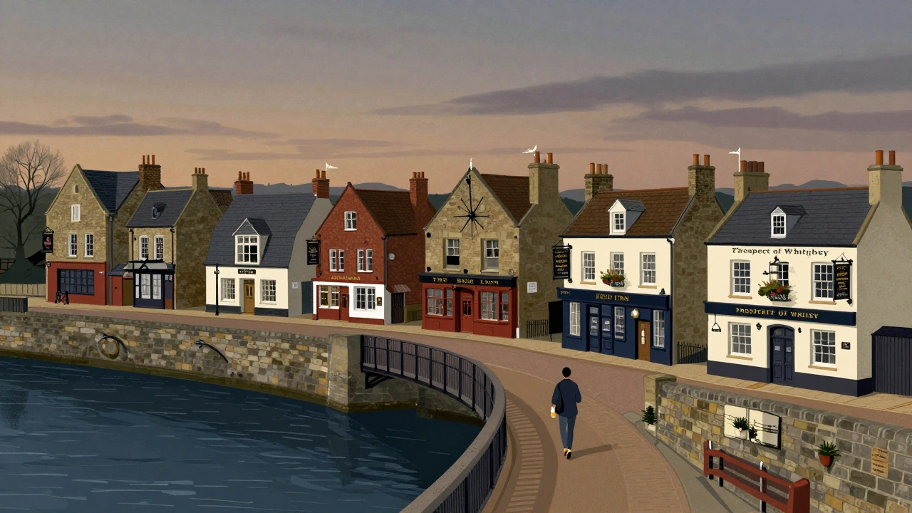 A walkable route along the Thames connecting five historic London pubs at twilight.