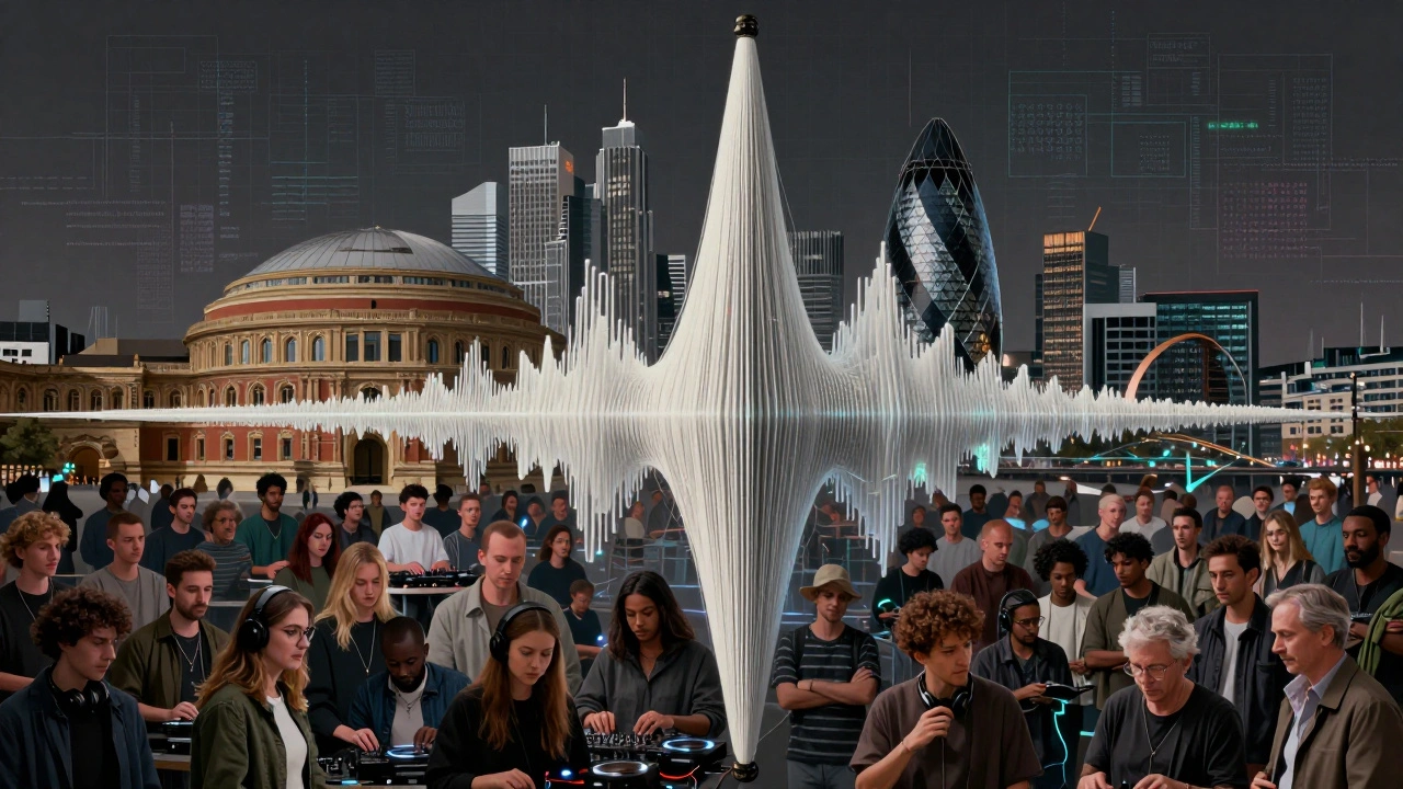 Abstract soundwave rising from Fabric building, connecting London’s landmarks, diverse faces woven into the waveform, symbolizing cultural resistance.