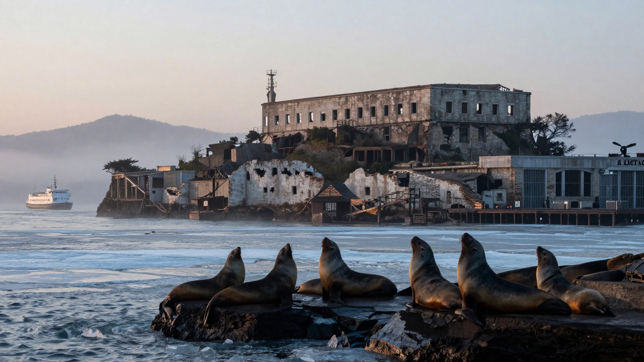 Alcatraz Island at dawn, foggy and eerie, with sea lions on rocks and a distant ferry.