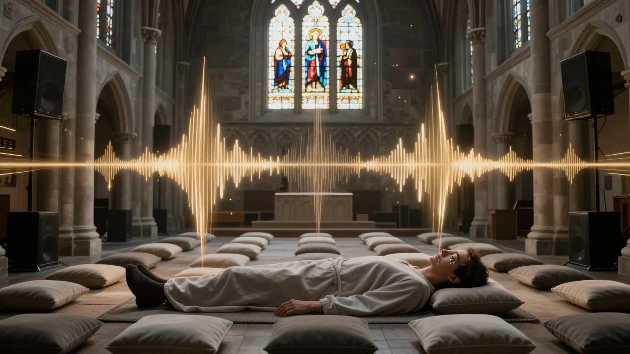 An empty church nave filled with floating cushions and glowing soundwaves, a person lying peacefully amid ethereal light.
