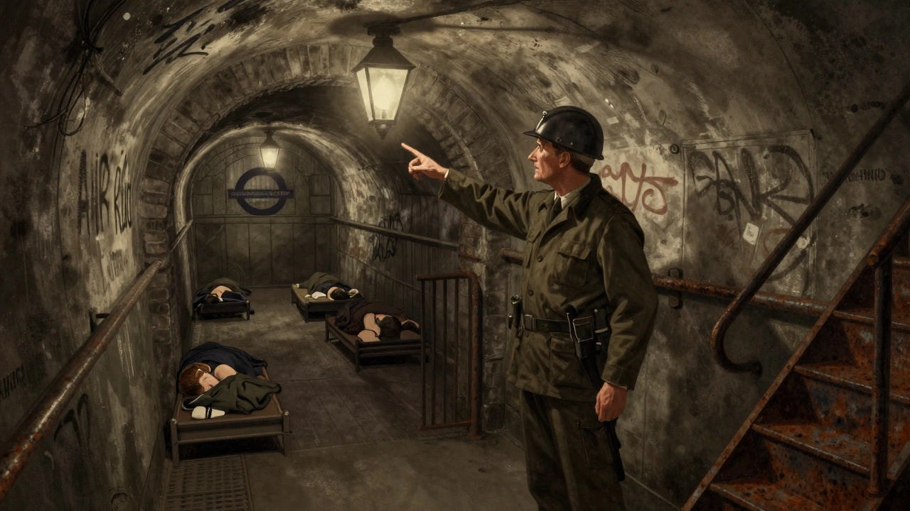 An underground WWII air raid shelter beneath Covent Garden, lit by flickering gaslamps, with civilians resting on cots.