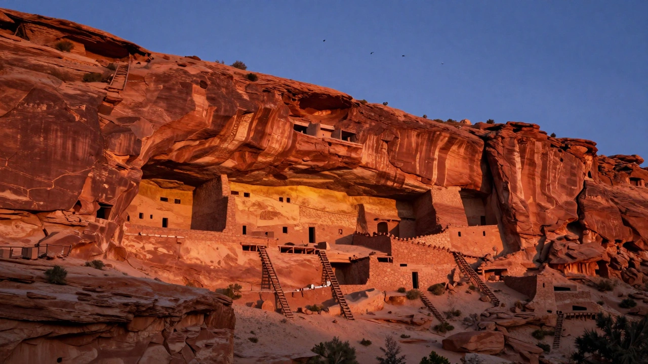 Ancient cliff dwellings of Mesa Verde glowing in golden sunset light over red rock cliffs.