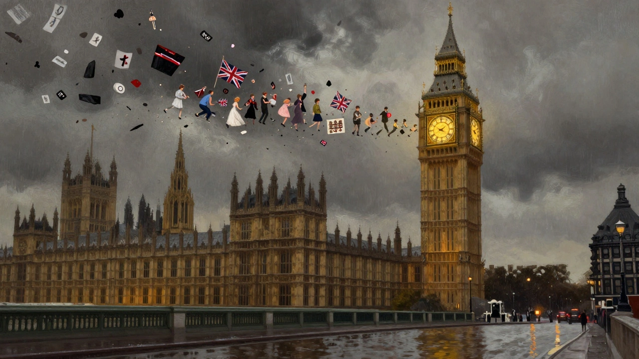 Big Ben as a symbolic guardian, with fragments of British history dissolving into its stonework.