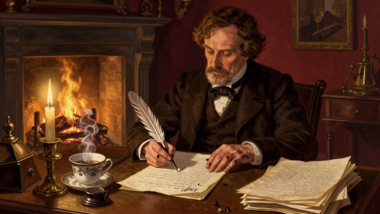 Charles Dickens writing at his desk in the museum, surrounded by manuscripts and candlelight.