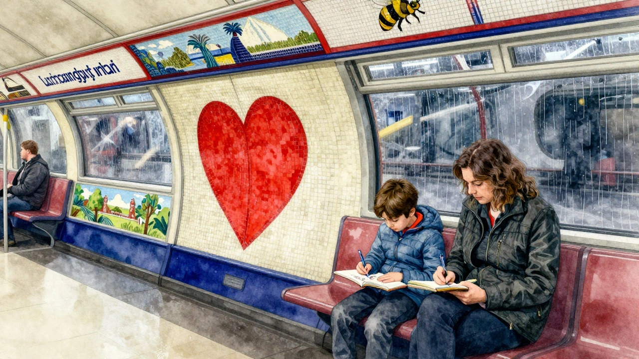 Child drawing on the London Underground while colorful station art surrounds them.