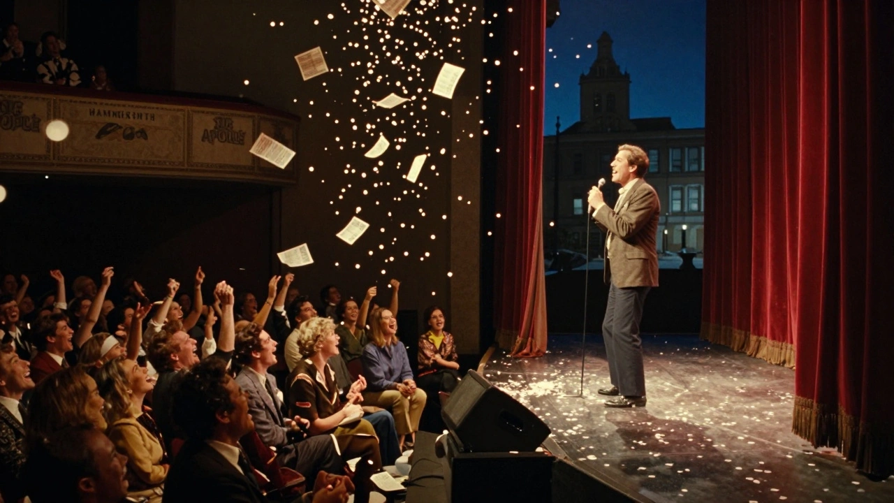 Comedian on stage at Live at the Apollo as audience laughs under bright spotlight in a historic theater.